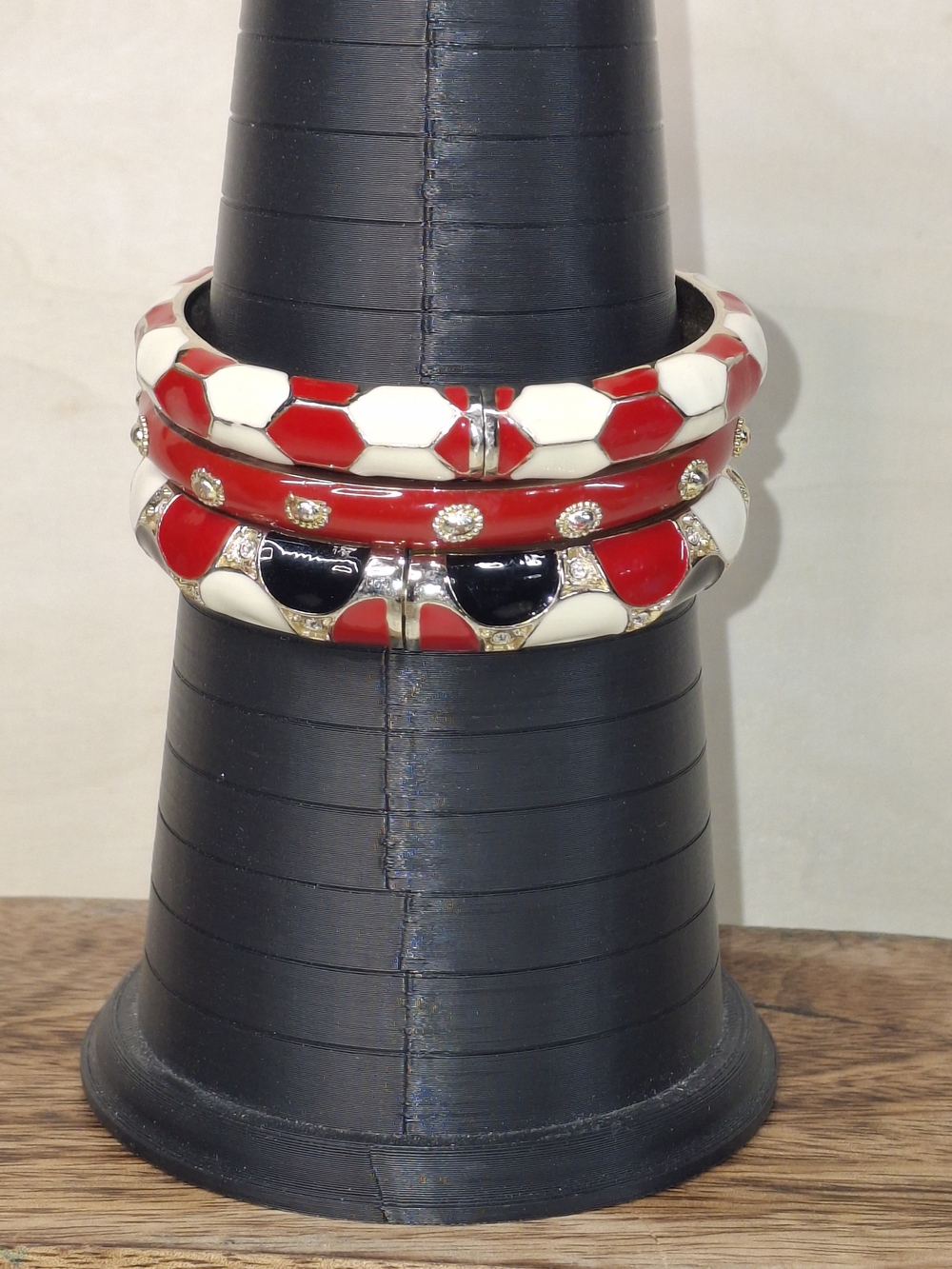Red, White & Black Enamel Bangle Bundle with Gold Accents